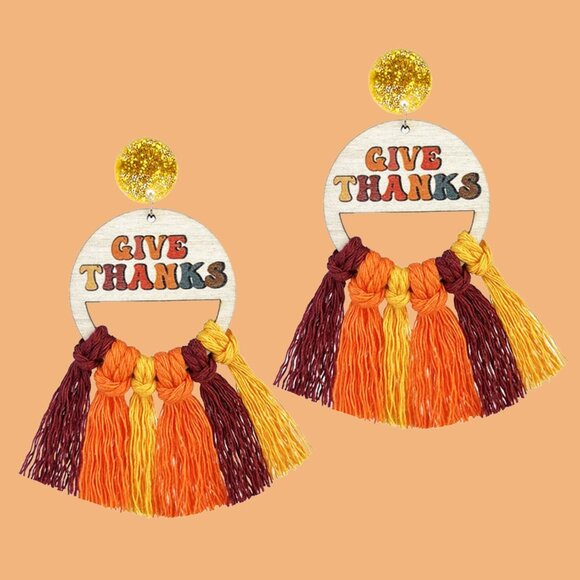 Wooden Turkey Pumpkin Maple Leaf Colorful Tassel Thanksgiving Earrings for Women - Picture 5 of 6